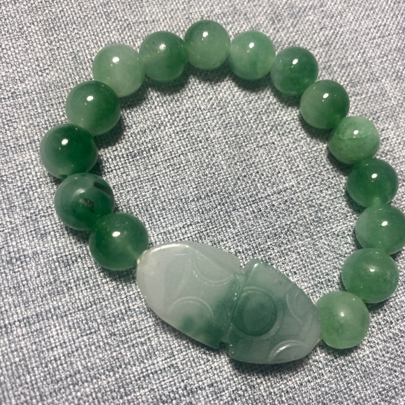 Green Jade Round Beads Bracelet for Women Men Lucky Charm Xiu/Pi Yao - Picture 1 of 9